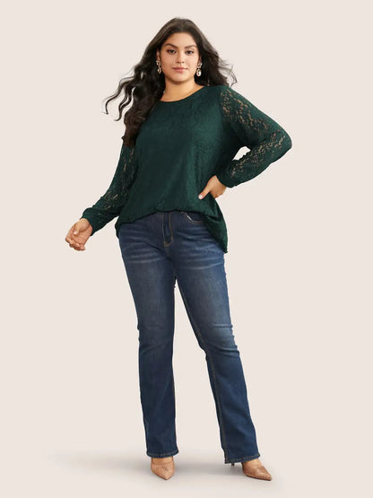 Solid Crochet Lace Mesh Crew Neck Blouse