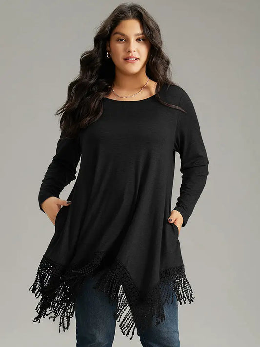 Solid Tassels Trim Pocket Asymmetrical Hem T-Shirt
