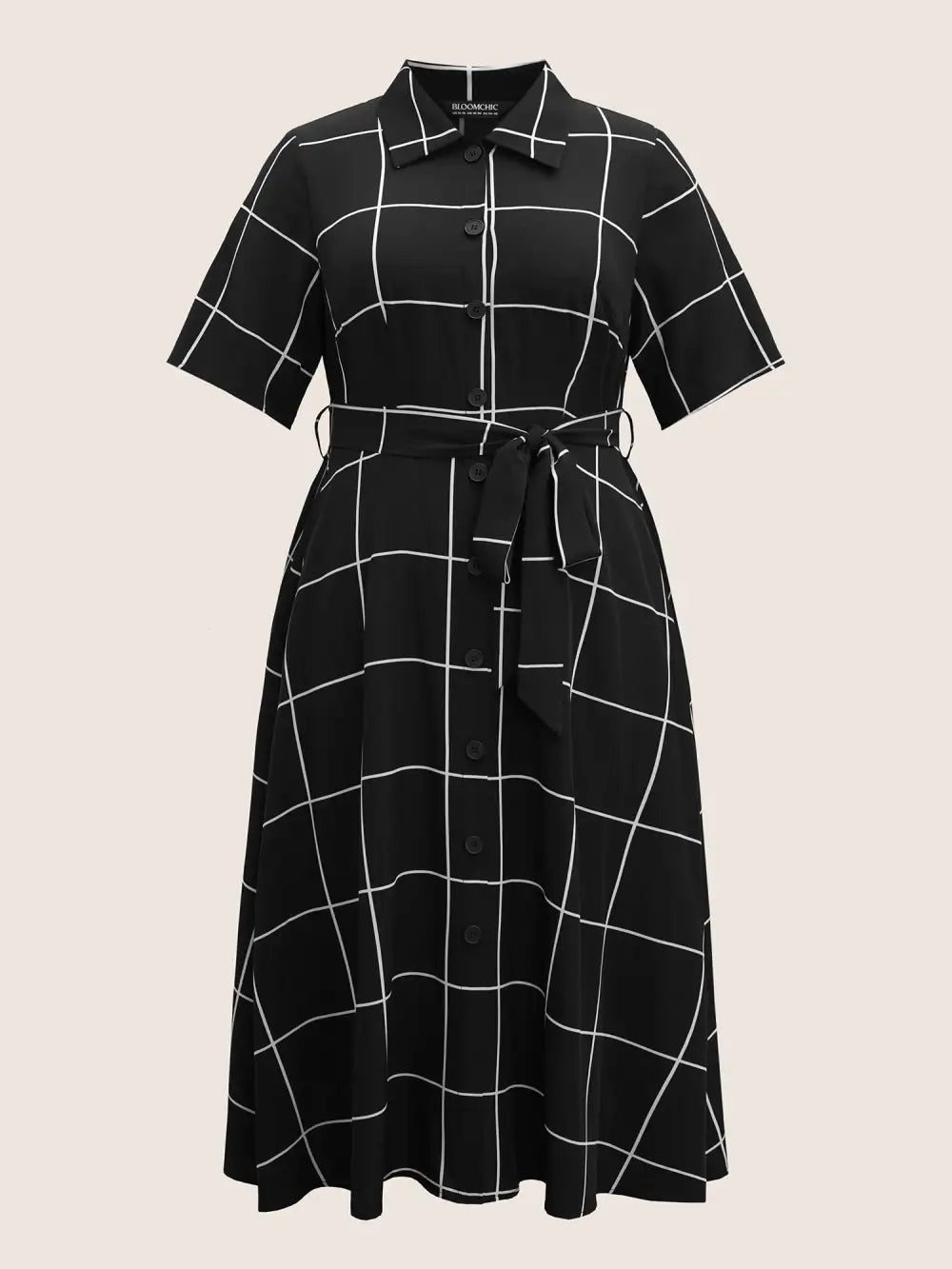 Plaid Shirt Collar Button Detail Belted Dress