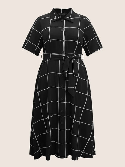 Plaid Shirt Collar Button Detail Belted Dress