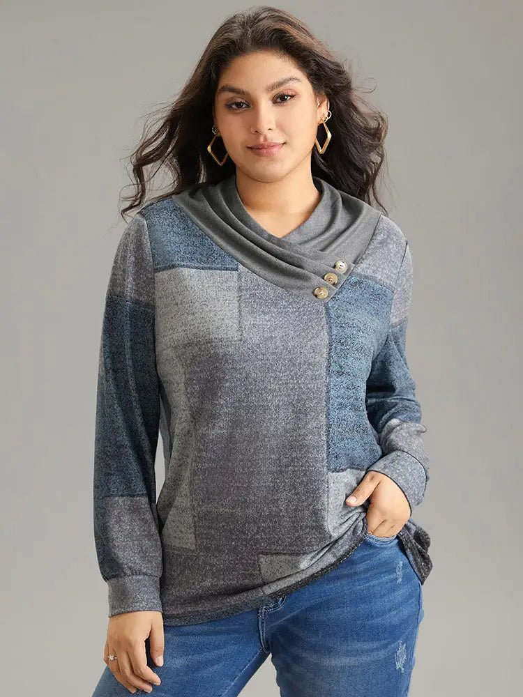 Asymmetrical Colorblock Button Detail Pleated T-Shirt