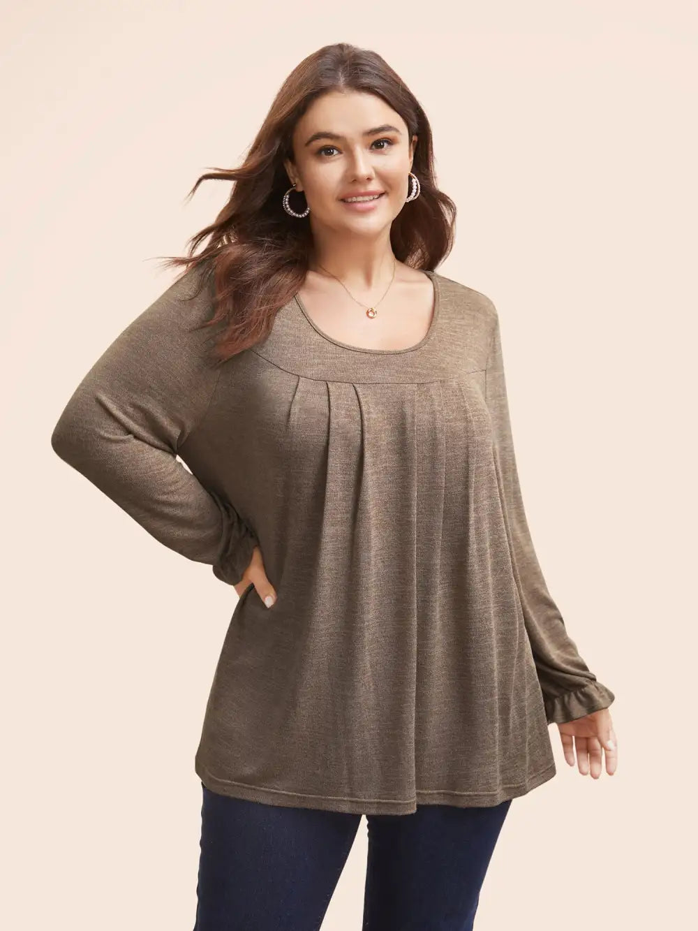Round Neck Heather Pleated T-Shirt