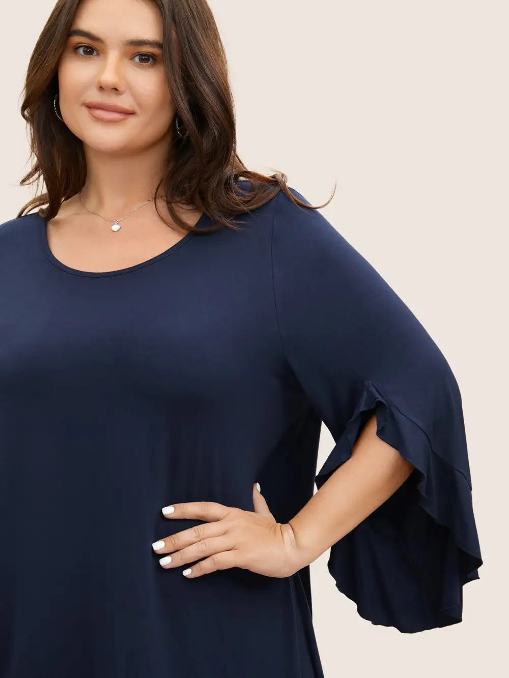 Solid Ruffle Sleeve High Low Hem T-Shirt