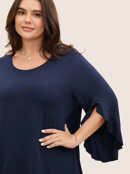 Solid Ruffle Sleeve High Low Hem T-Shirt