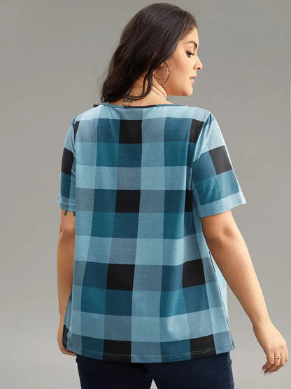 Plaid Round Neck Gathered T-Shirt