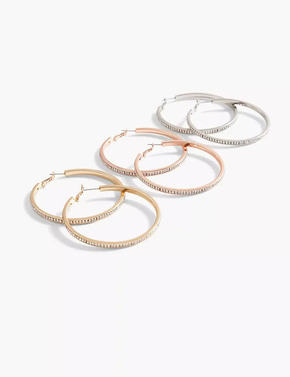Pave Stone Hoop Earrings 3-Pack - Tri-Tone