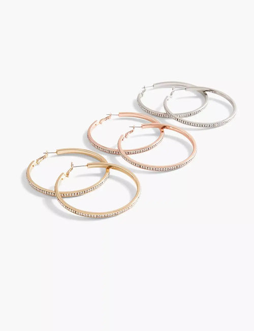 Pave Stone Hoop Earrings 3-Pack - Tri-Tone