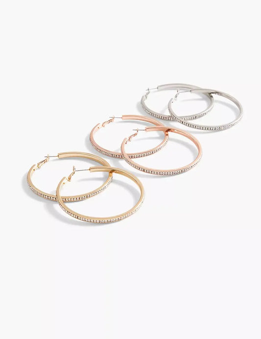 Pave Stone Hoop Earrings 3-Pack - Tri-Tone