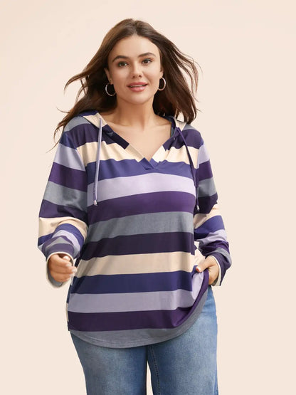 Contrast Striped Hooded Drawstring T-Shirt