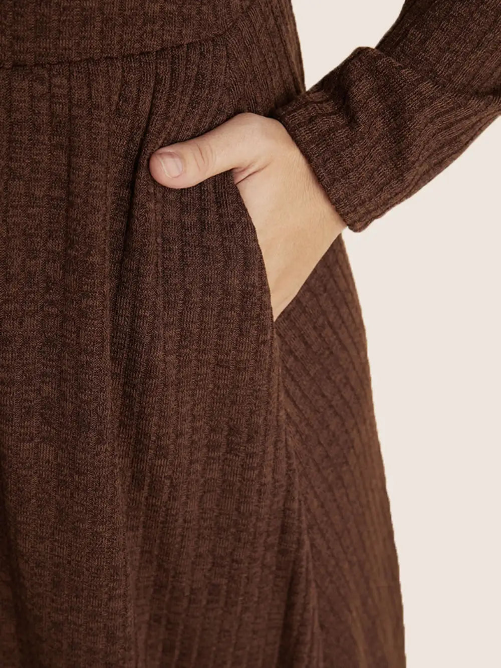 Solid Pocket Rib Knit Ruffle Hem Dress Without Belt