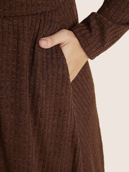 Solid Pocket Rib Knit Ruffle Hem Dress Without Belt