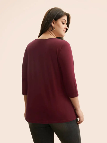 V Neck Embroidered Patchwork Gathered T-Shirt