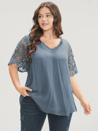 Plain V Neck Floral Patchwork Blouse