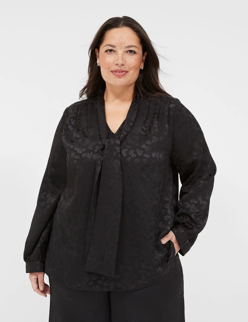 Long-Sleeve Tie-Neck Popover Blouse