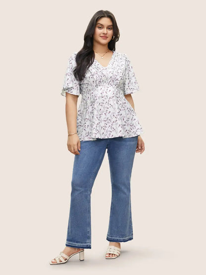 Floral Pleated Elastic Waist Ruffle Sleeve Blouse