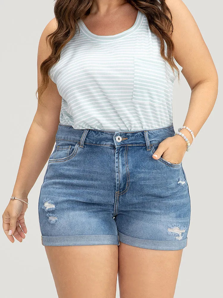 Skinny Very Stretchy Light Wash Roll Hem Distressed Denim Shorts