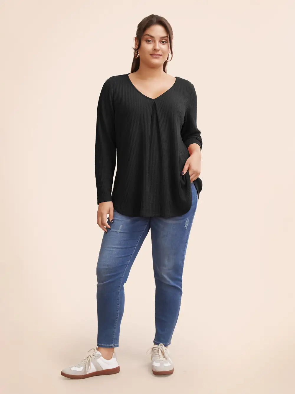 Plain Waffle Knit Scoop Neck Plicated Detail T-Shirt