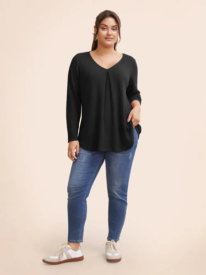 Plain Waffle Knit Scoop Neck Plicated Detail T-Shirt