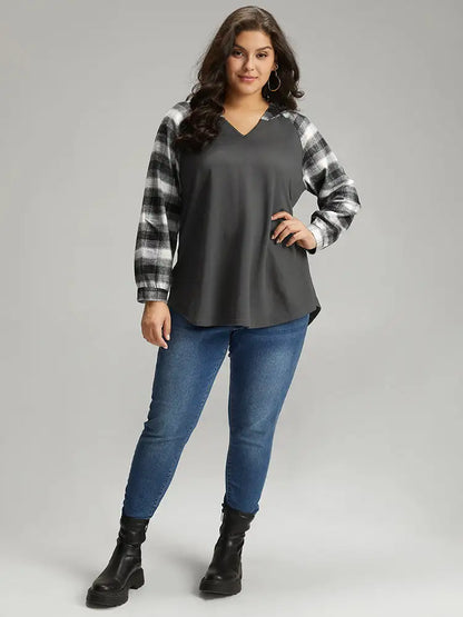 Plaid Print Hooded Patchwork Sweatshirt