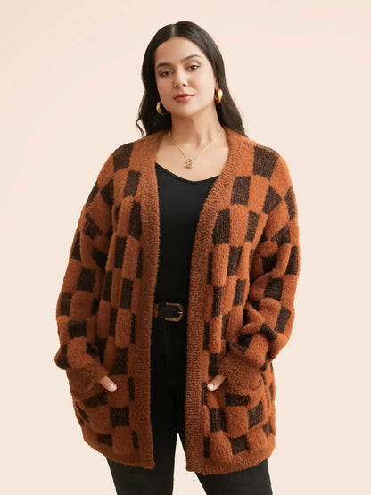 Plaid Fluffy Patched Pocket Cardigan