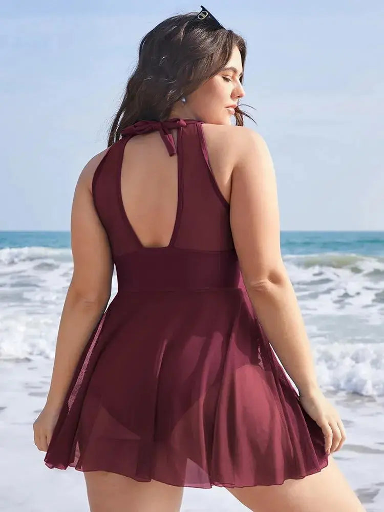 Knotted Back Mesh Insert Halter Swim Dress
