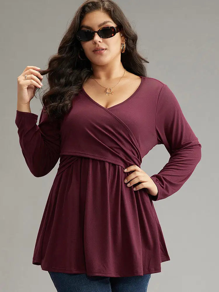 Solid Crossover V Neck Ruffle Hem T-Shirt
