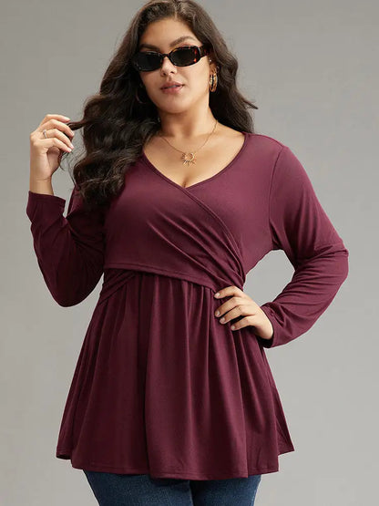 Solid Crossover V Neck Ruffle Hem T-Shirt