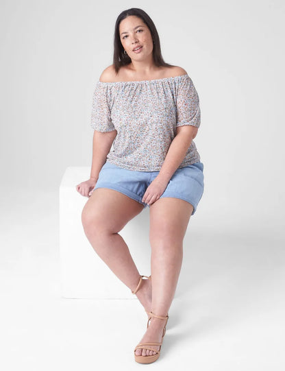 Elastic-Neck Printed Mesh Top