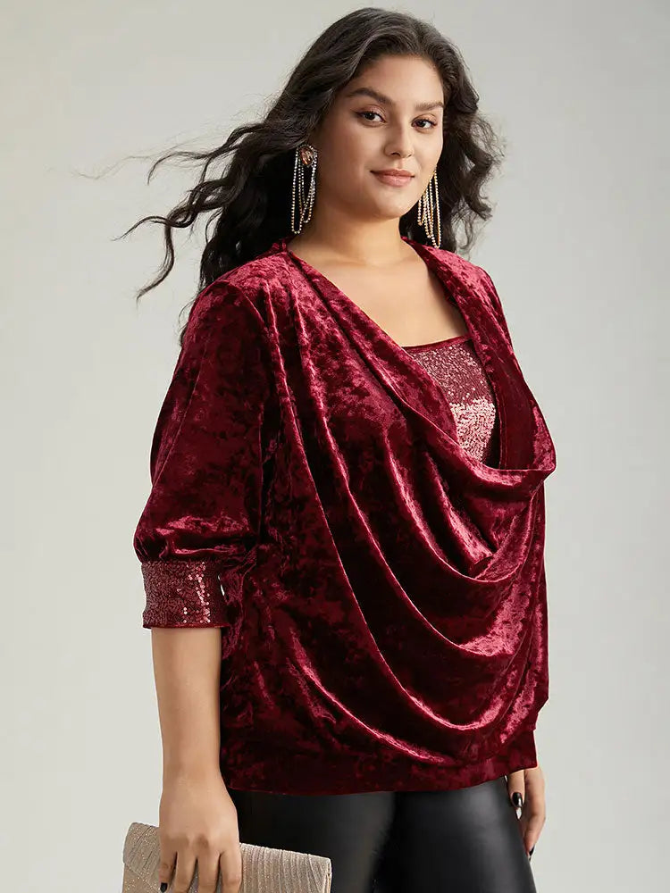 Cowl Neck 2-In-1 Sequin Patchwork Blouse