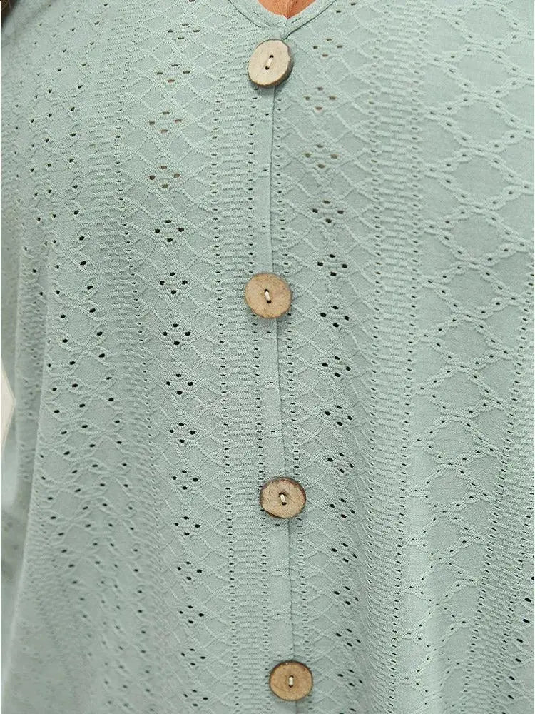 Plain Broderie Anglaise Shirred Puff Sleeve Button Detail T-shirt