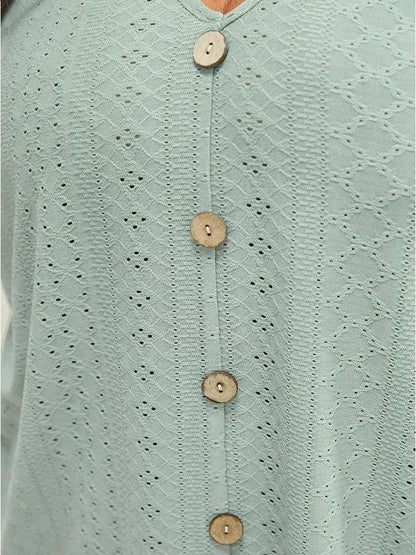 Plain Broderie Anglaise Shirred Puff Sleeve Button Detail T-shirt
