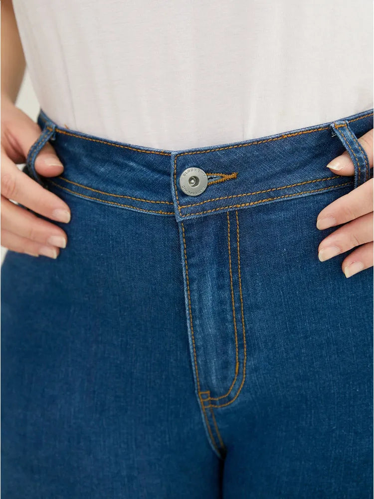 Very Stretchy High Rise Medium Wash Guipure Lace Knee Denim Shorts