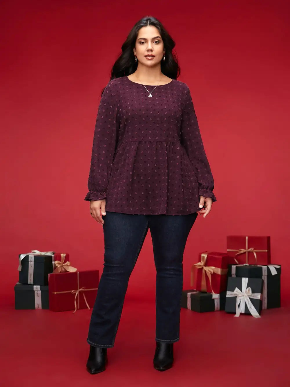 Textured Dot Elastic Cuffs A-Line Blouse