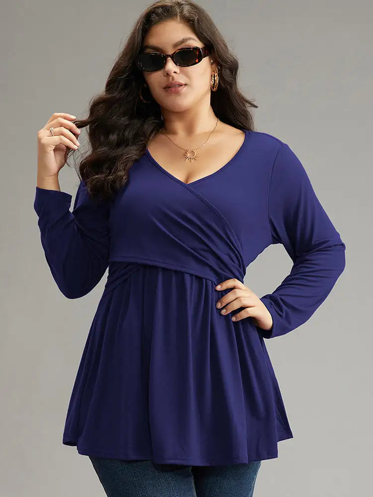 Solid Crossover V Neck Ruffle Hem T-Shirt