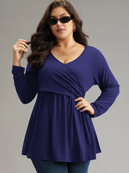 Solid Crossover V Neck Ruffle Hem T-Shirt