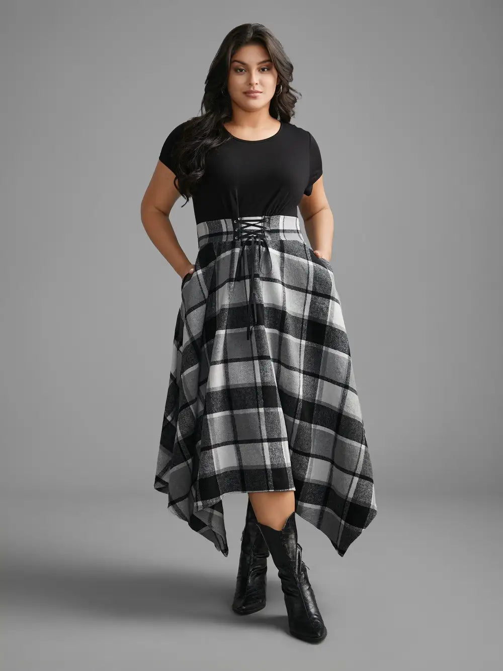 Elastic Plaid Asymmetrical Hem Dress