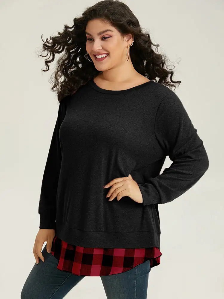 Heather Plaid Patchwork Crew Neck T-Shirt
