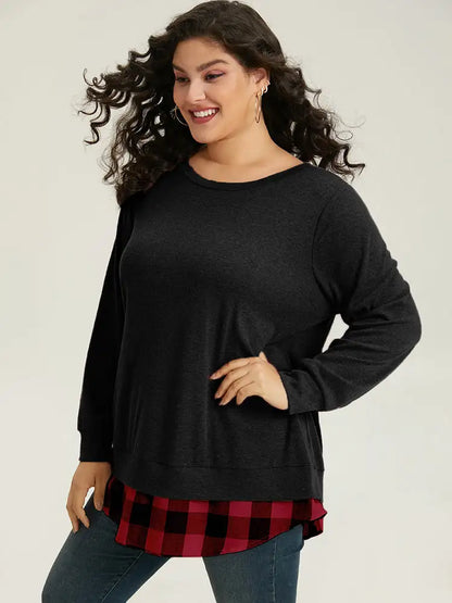 Heather Plaid Patchwork Crew Neck T-Shirt