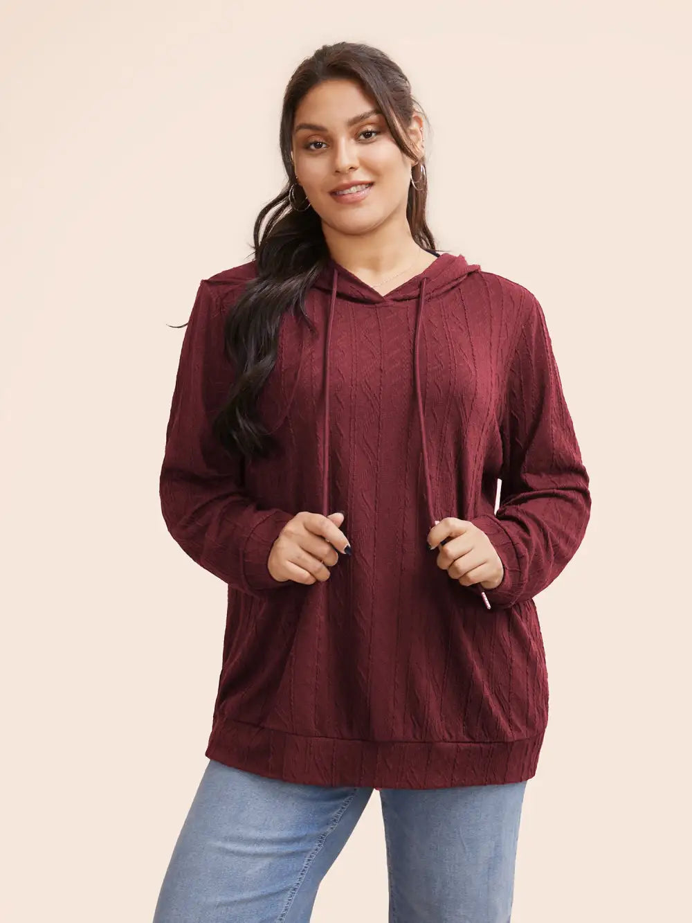 Plain Textured Hooded Drawstring Sweatshirt