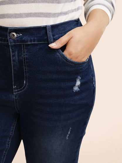 Folded Hem Rip Back Elastic Waist Jeans