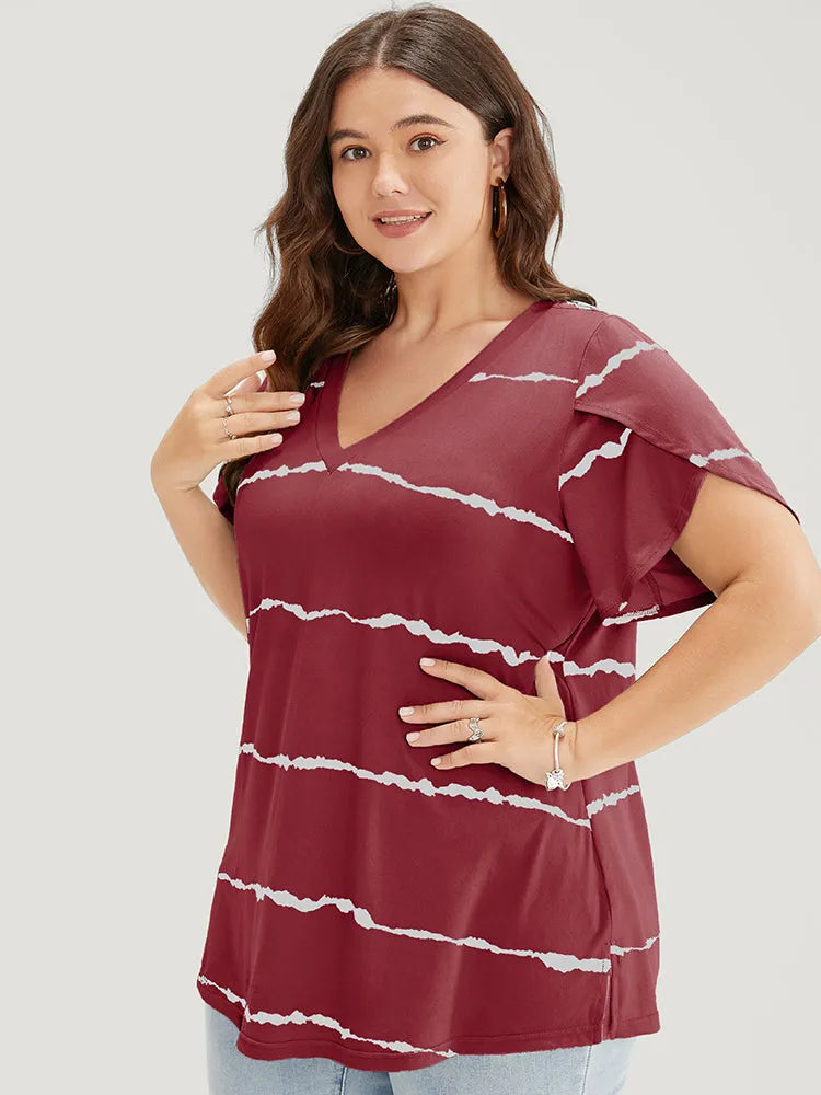 Striped Contrast Petal Sleeve T-shirt