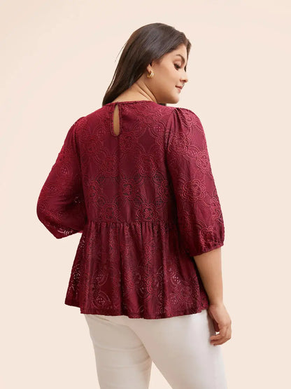 Crew Neck Crochet Lace Lantern Sleeve Blouse