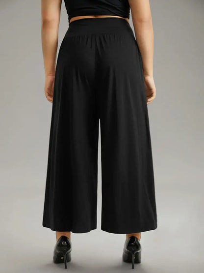 Plain Wrap Hem Wideband Waist Wide Leg Pants