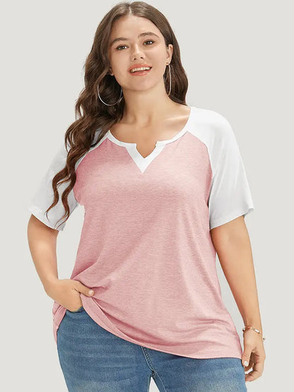 Colorblock Contrast Notched Raglan Sleeve T-shirt