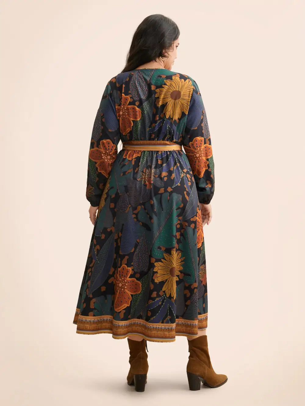 Boho Print Belted Lantern Sleeve Dress