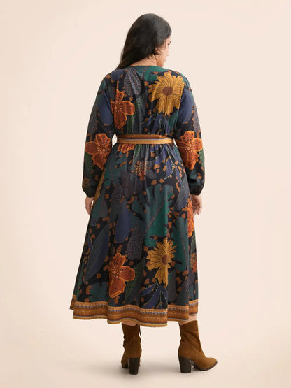 Boho Print Belted Lantern Sleeve Dress