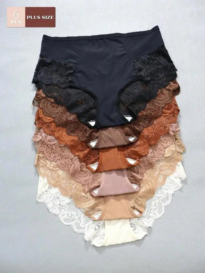 6pcs Plus Size Breathable Lace Trim Sexy Bikini Panties