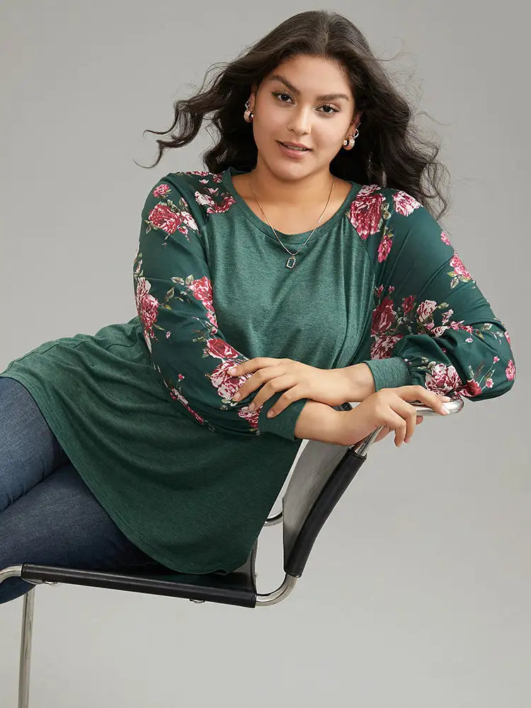 Floral Patchwork Crew Neck Raglan Sleeve T-Shirt