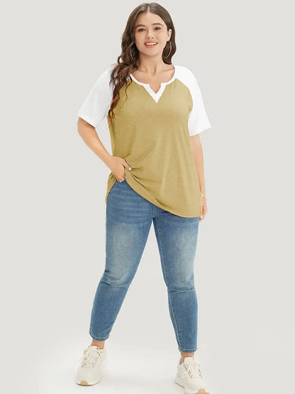 Colorblock Contrast Notched Raglan Sleeve T-shirt