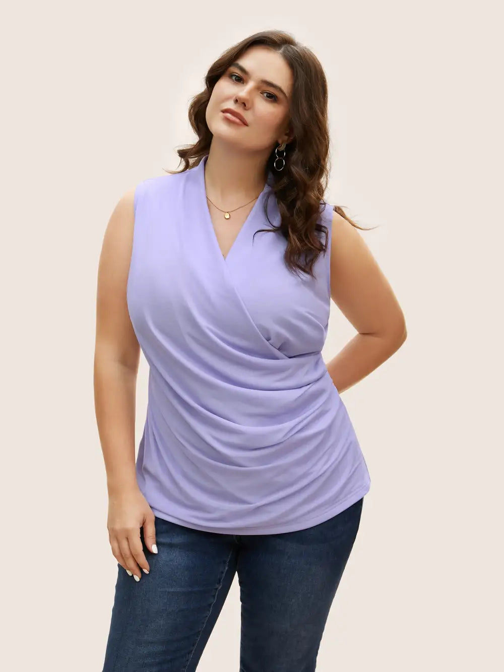 Overlap Collar Solid Pleated Tank Top
